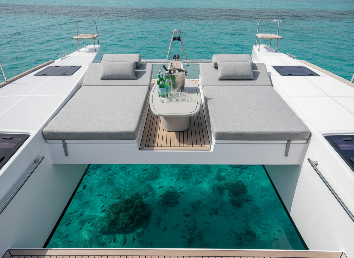 An inviting forward deck lounge on a 2024 Bali Seaker catamaran, featuring expansive integrated sunpads with tailored light-gray cushions and adjustable backrests. A low-profile, matte-white coffee table holds an arrangement of sparkling water in glass bottles and a polished ice bucket. The catamaran’s rigid foredeck stretches between the hulls, overlooking crystal-clear San Blas water where coral heads are faintly visible below the surface. Captured from a slightly elevated angle in bright but softened midday sunlight, the scene highlights the open, airy design and premium finishes. The mood is tranquil and exclusive, with photographic realism and a clean, modern aesthetic that conveys leisurely, upscale relaxation at anchor.
