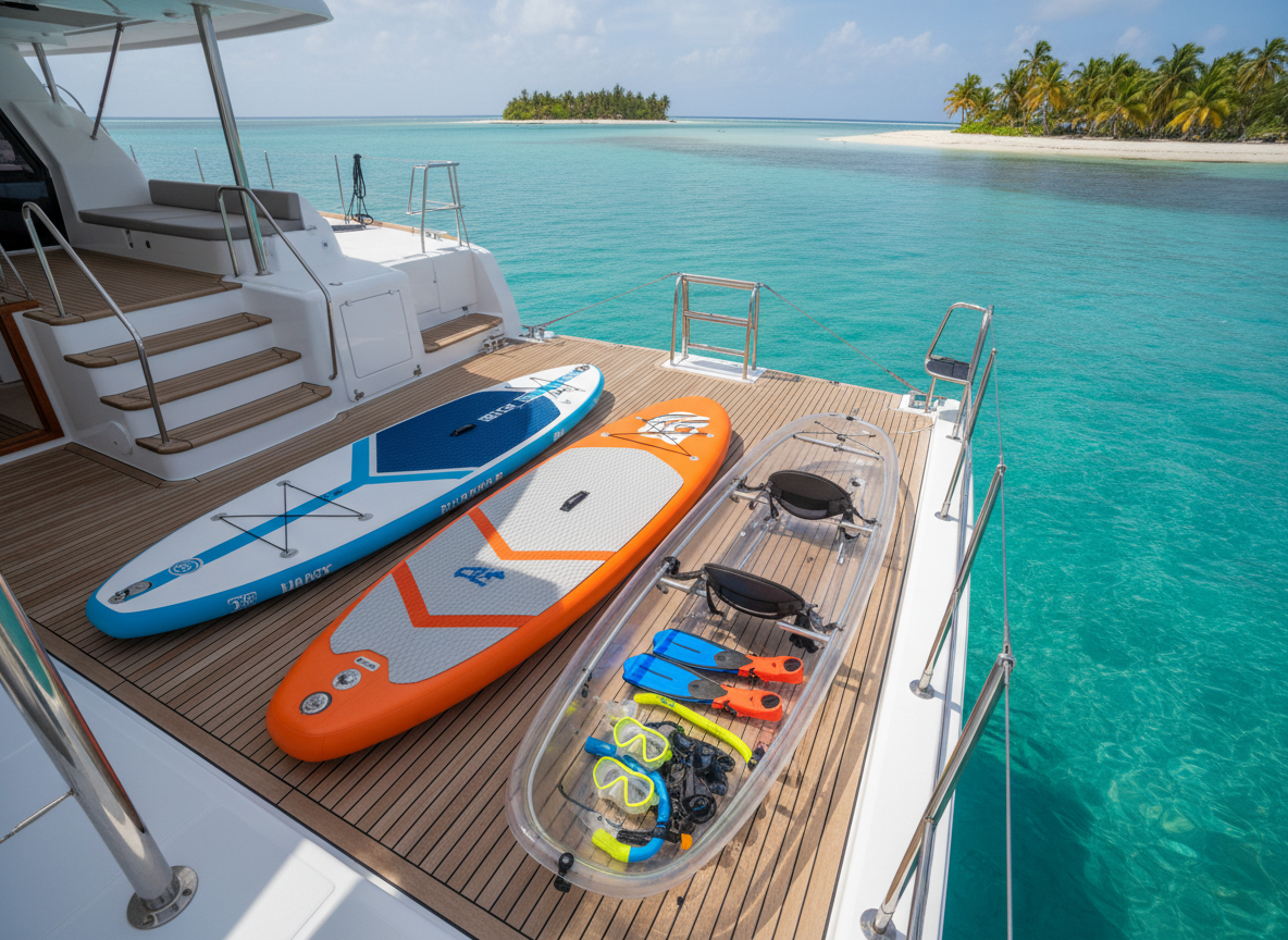 A meticulously organized water-sports setup displayed on the wide stern platform of a Bali Seaker catamaran in San Blas, Panama. Two high-end stand-up paddleboards with subtle, modern graphics rest side by side, next to a sleek clear-bottom kayak and neatly coiled, color-coded snorkel sets with matching fins. The platform’s teak steps descend gently into transparent turquoise water, with soft ripples catching the late-morning sun. Photographic realism from a slightly elevated rear angle showcases the catamaran’s broad beam and ladder access into the sea. The mood is adventurous yet polished, emphasizing the premium, all-inclusive nature of the charter’s equipment and the pristine, tropical environment.