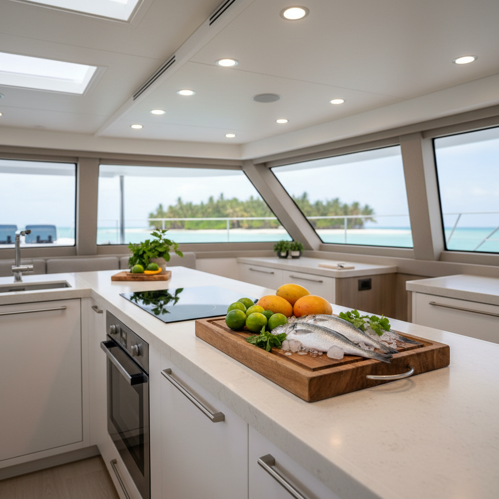 The modern galley of a Bali Seaker catamaran staged for an executive chef, with a long, solid-surface countertop in pale stone tones, an induction cooktop, and a built-in stainless-steel oven. An array of fresh tropical ingredients—bright limes, mangoes, herbs, and whole fish on ice—are artfully arranged on a wooden cutting board. Overhead, recessed LED lighting creates precise, shadow-free illumination that gleams off brushed metal fixtures and minimalist cabinetry. Large windows encircle the galley-salon area, revealing blurred hints of palm-fringed San Blas islands outside. Captured in photographic realism from a slightly elevated corner angle, the mood is professional yet inviting, suggesting chef-level cuisine prepared in a refined, seagoing kitchen.