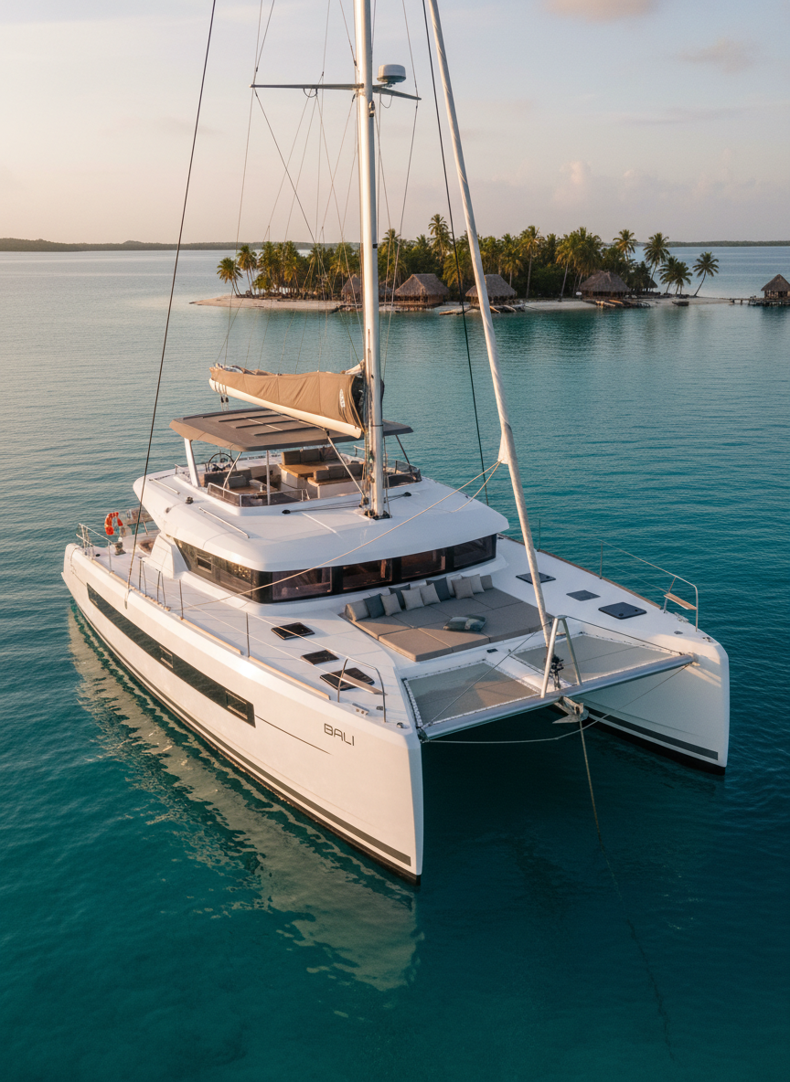 A sleek 2024 Bali Seaker catamaran anchored in a turquoise bay of San Blas, Panama, its pristine white hulls and expansive foredeck lounge clearly visible. The polished stainless-steel rails, taut rigging, and modern, angular lines of the catamaran reflect the soft golden hour sunlight. In the background, tiny palm-covered islands and a calm, glassy sea fade into gentle blur. Captured from a slightly elevated, three-quarter front angle in sharp photographic realism, the composition emphasizes the generous outdoor living space and wide beam. The mood is sophisticated and serene, suggesting exclusive, all-inclusive luxury and the promise of refined adventure on the water.