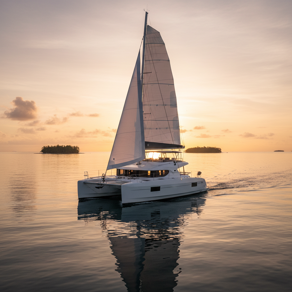 A dramatic sunset scene of a 2024 Bali Seaker catamaran under way in the San Blas archipelago, sails trimmed and hulls cutting smoothly through calm, reflective water. The sky glows with deep golds and soft magentas, mirrored on the glossy white topsides and panoramic salon windows of the catamaran. The camera angle is low at water level, emphasizing the vessel’s stability and modern silhouette in photographic realism. Background islands appear as dark, palm-topped silhouettes, contributing to a cinematic, aspirational mood. Subtle spray at the bows catches the fading light, conveying motion while maintaining an overall serene, sophisticated ambiance of adventure wrapped in luxury.