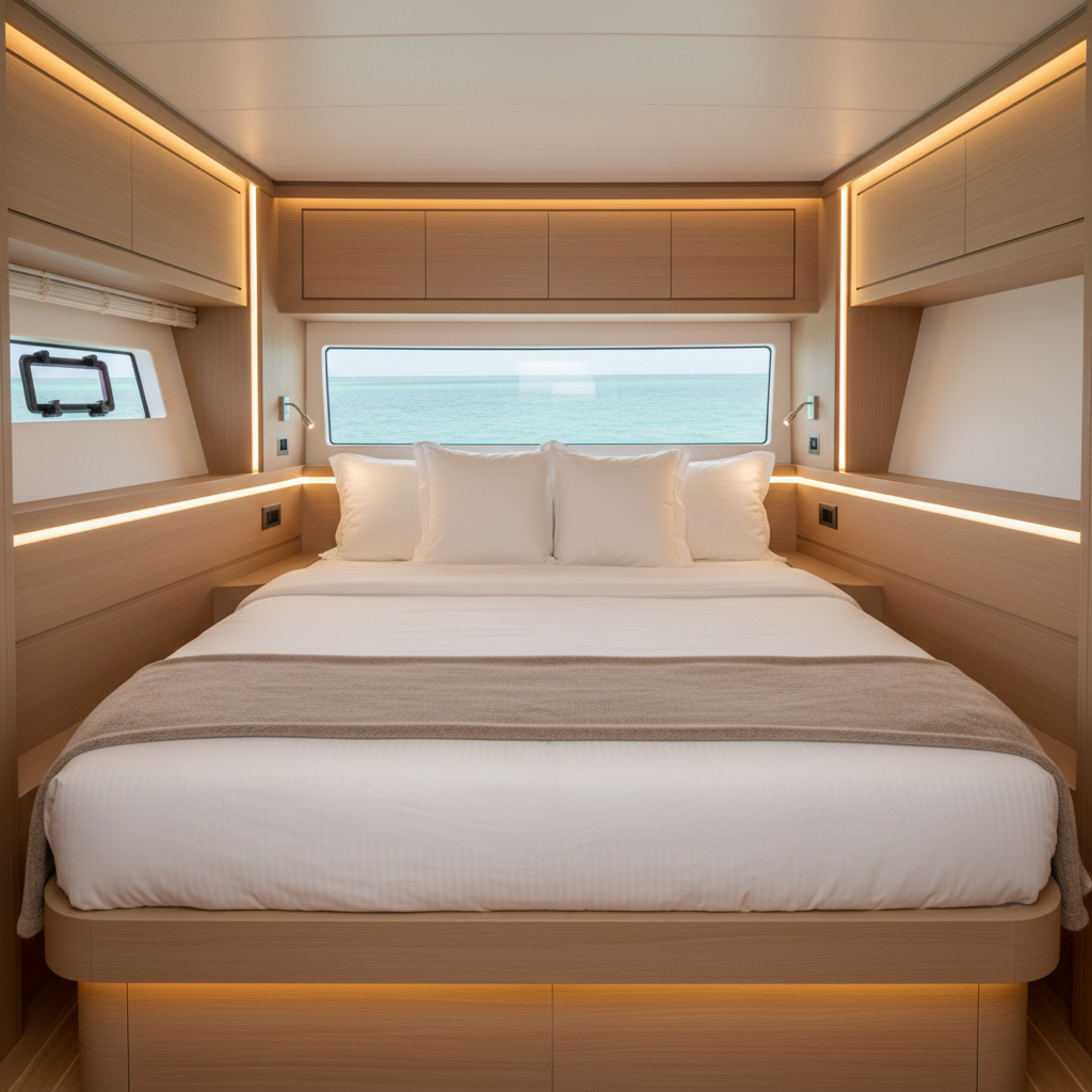 A luxurious queen cabin aboard a 2024 Bali Seaker catamaran, featuring a centrally positioned bed with crisp white linens, a subtle taupe throw, and elegantly piped pillows. The surrounding cabinetry is crafted in light oak with a satin finish, integrated LED strip lighting casting a warm, even glow along the overhead and side panels. A large hull window reveals a tranquil view of the San Blas sea, with soft turquoise hues diffused through the glass. Shot at eye level in photographic realism, the composition uses leading lines of cabinetry to draw the eye toward the window. The atmosphere is calm, sophisticated, and boutique-hotel-like, emphasizing comfort for up to six guests.